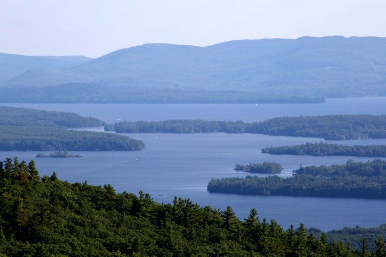 Hazy Lake and Mountain Views